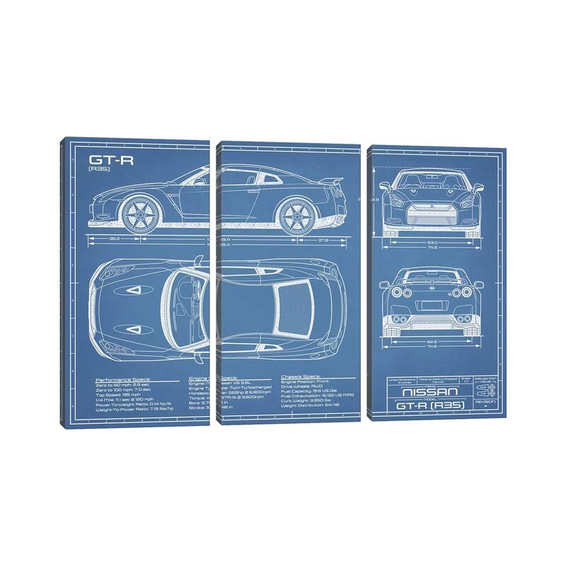 iCanvas "Nissan GT-R (R35) Skyline Blueprint" by Action Blueprints 3-Piece Canvas Wall Art Set