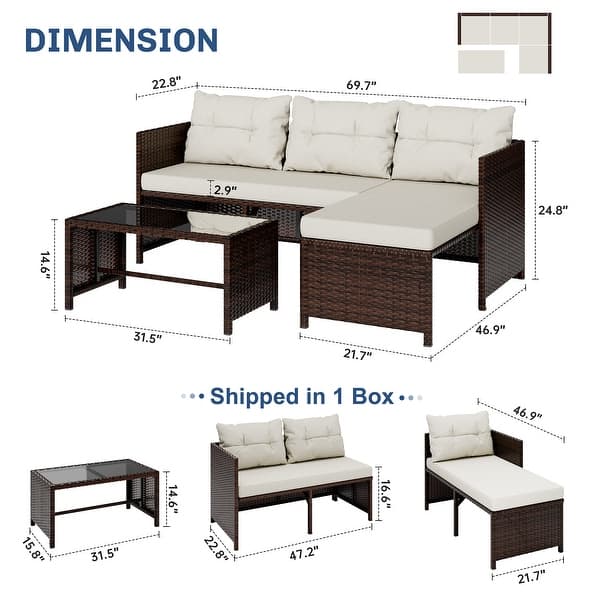 dimension image slide 2 of 3, 3-Piece Outdoor Wicker Sectional Sofa Set, Patio Furniture with Chaise Lounge & Coffee Table - N/A