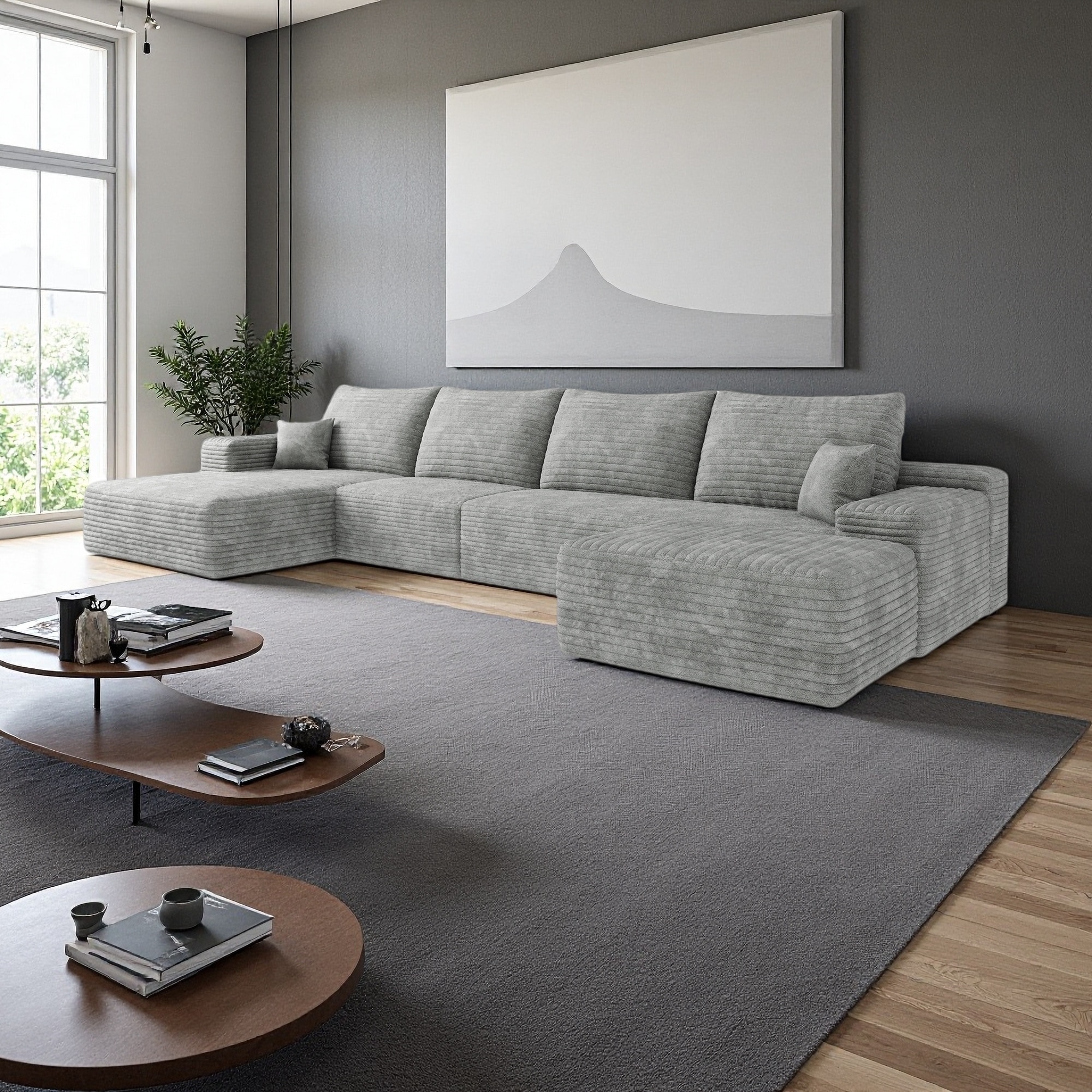 135" Plush Corduroy U-Shaped 5-Seater Sectional Sofa with Ottoman