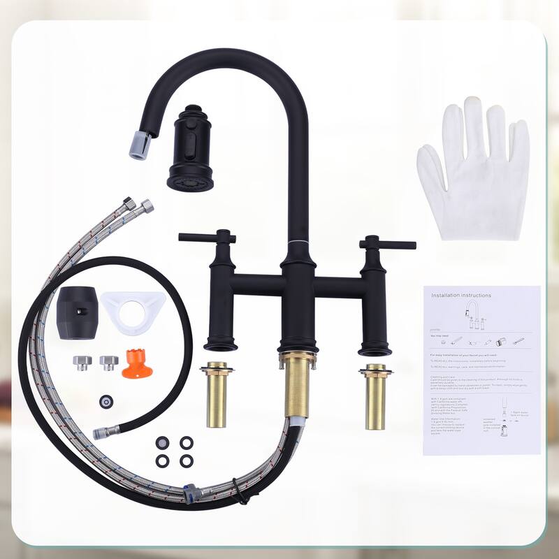 WOWOW Double Handle Pull Down Sprayer Bridge Kitchen Faucet