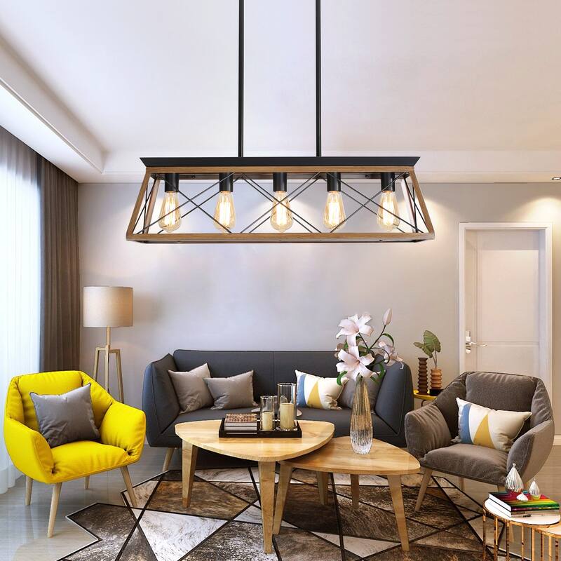 Cusp Barn 5-Light Chandelier,Rectangular Pendant Light,Modern Ceiling Light,Farmhouse Lamp with Adjustable Downrod for Indoor - Walnut