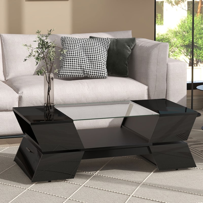 2-Tier Glass Storage Coffee Table for Living Room - Black