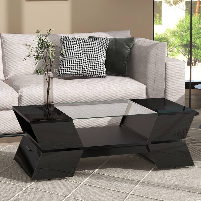 6mm Glass-Top Coffee Table with Open Shelves and Cabinets,Geometric Style Table with Great Storage Capacity2-Tier Center Table - Black - Wood