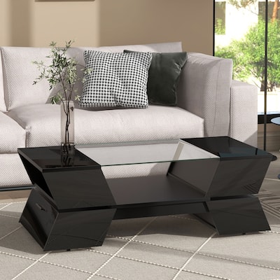 Glass-Top Coffee Table with Open Storage Shelves and Cabinets, Rectangular Cocktail Table 2-Tier Center Table for Living Room