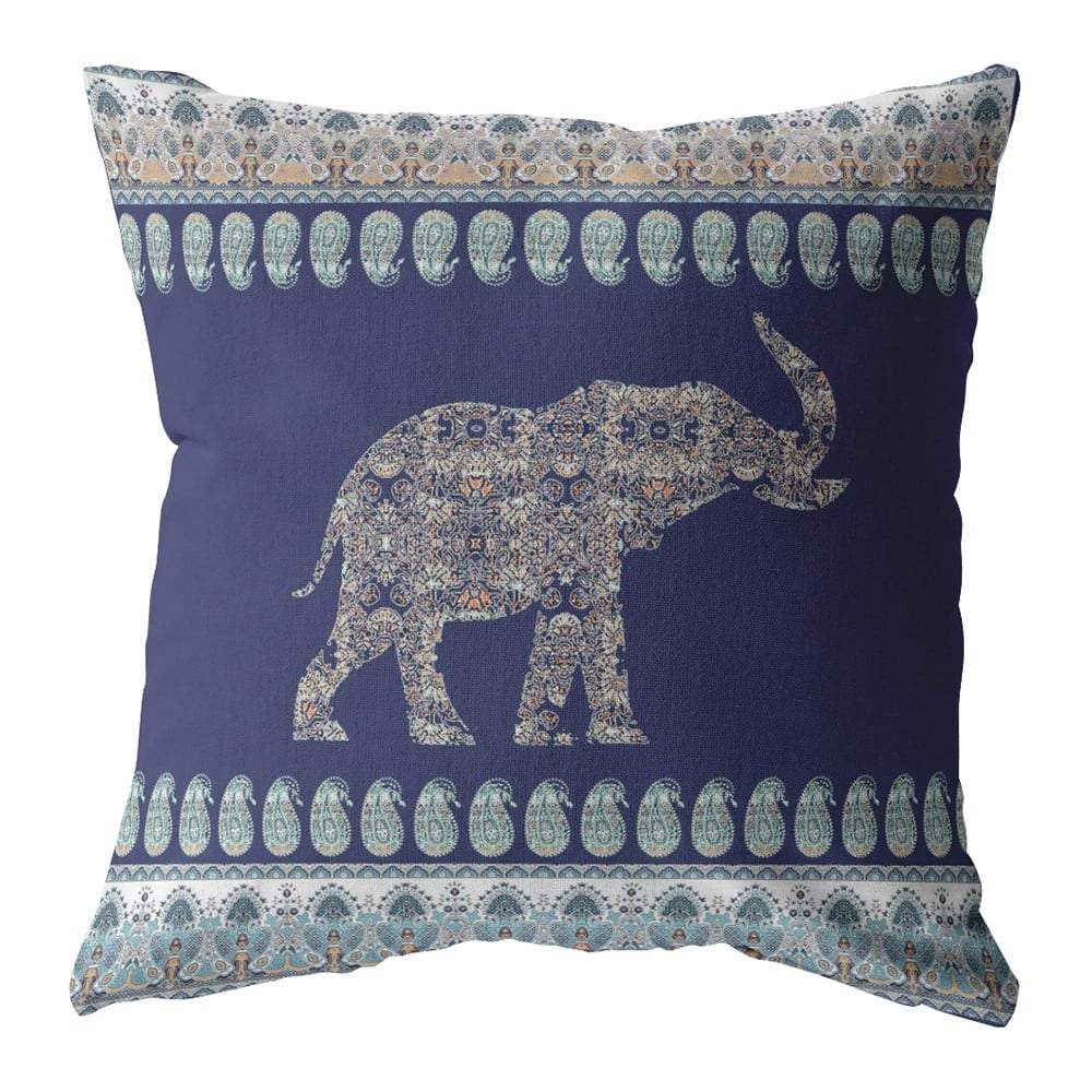 16" Navy Ornate Elephant Zippered Suede Throw Pillow