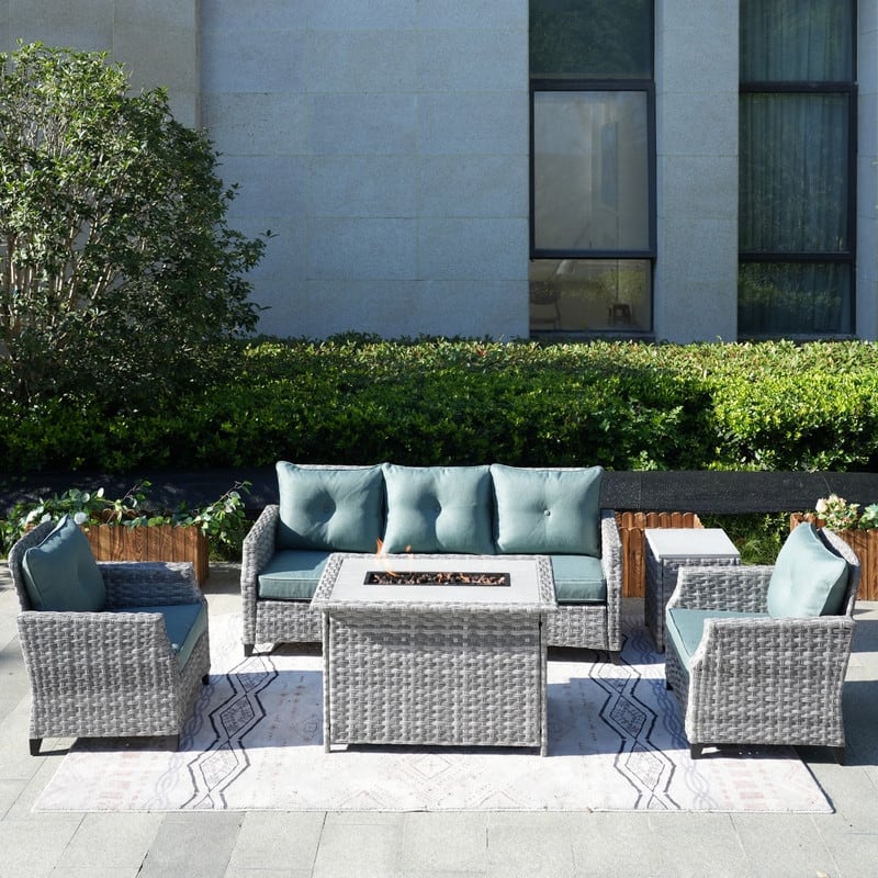 5-Piece Patio Wicker Sofa Set with Firepit Table and Rain cover - Celadon