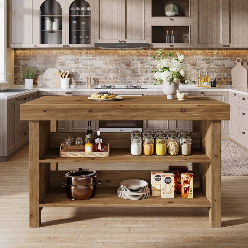 Solid Wood Bar Table, Open Storage Counter Height Pub Dining Table, Kitchen Dining/Living Room Basement Accent Bar Unit