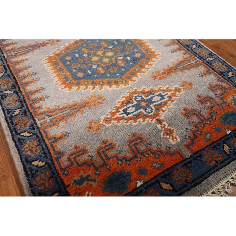 Geometric Viss Indian Runner Rug Handmade Gray Wool Carpet - 2'6"x 9'7"