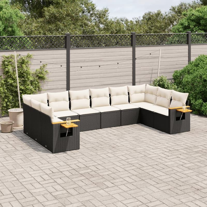 vidaXL Patio Sofa Set with Cushions Outdoor Conversation Furniture Poly Rattan - Black and cream without table - 24.4 x 33.5 x 27.2 in