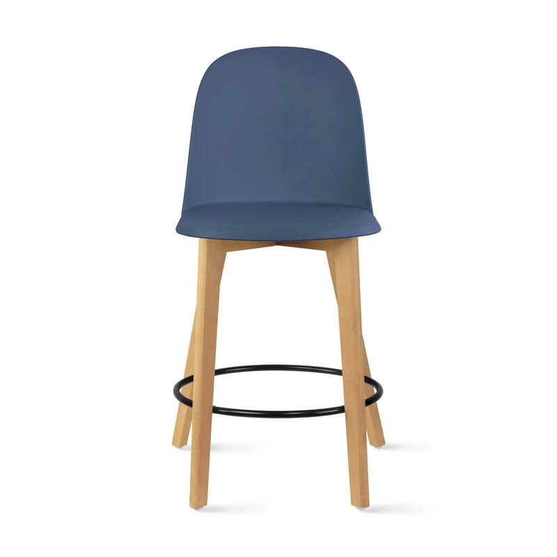 25" Plastic Armless Bar Stool Chair Dowel Natural Wood Eiffel Legs For Kitchen Counter Height Dining - Blue