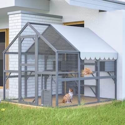 Premium Outdoor Cat Run - 82" Wooden Catio Mansion with Bridges, Paths, Cabins & Roof Cover