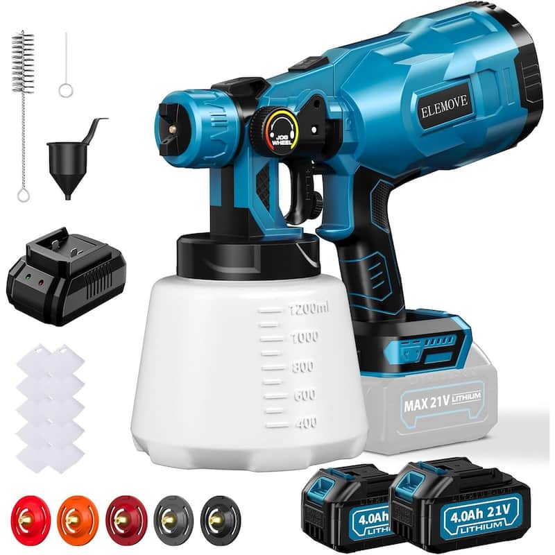 ELEMOVE 21V Dual-Battery Cordless Paint Sprayer 5 Copper Nozzles + 3 Spray Angles, Multi-Surface Home & DIY Spray - Blue