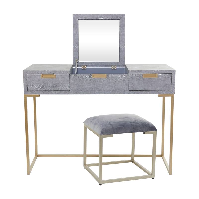 Light Gray Wood Vanity with Stool with Hidden Mirror