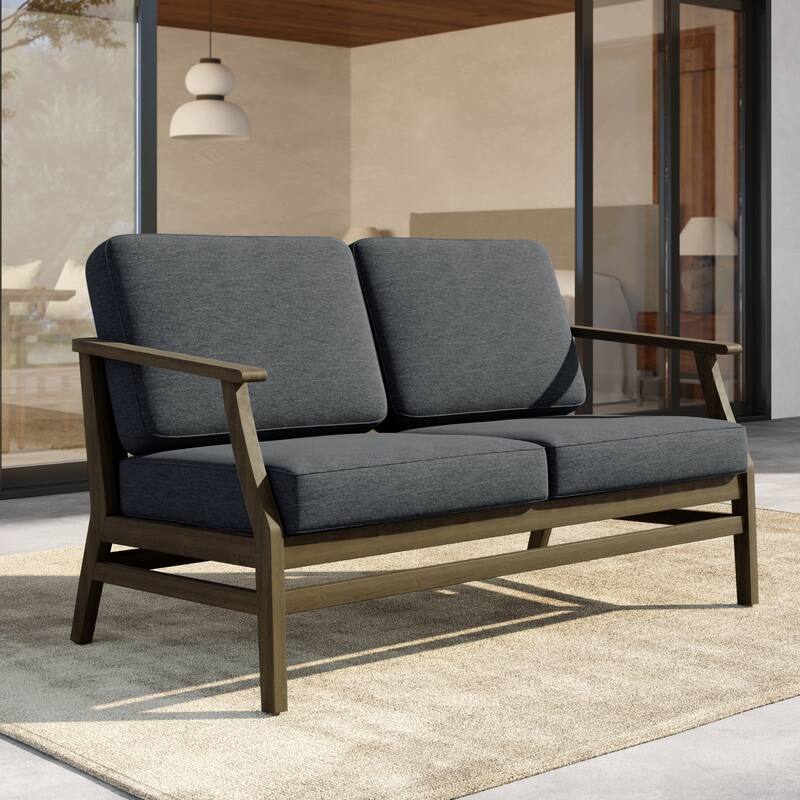 Outdoor Teak Wood Loveseat Sofa with Water-Resistant Cushions - NaturalFrame-Dark Grey