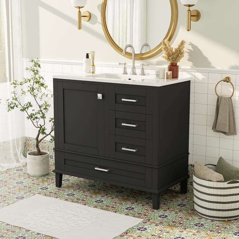 Contemporary 36-inch White Bathroom Vanity Cabinet with a Sturdy Pine Frame, 1 Soft Close Door and 3 Drawers.