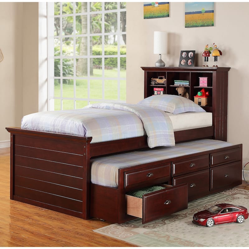 Wood Twin Size Storage Bed Whit Trundle - Dark Cherry - Twin