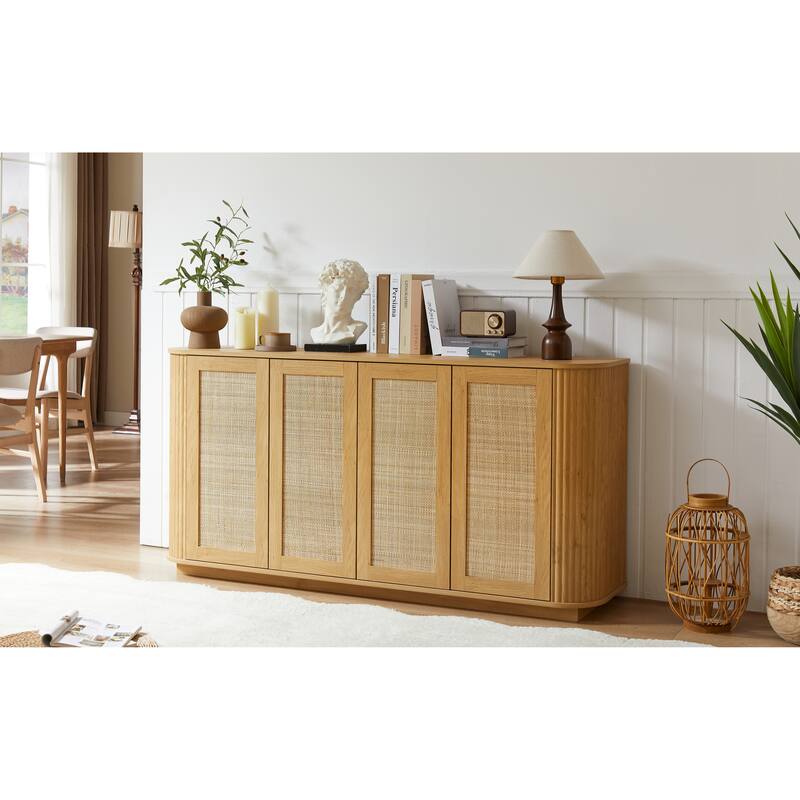 Rattan Buffet Cabinet with Storage, Sideboard Cabinet with 4 Doors, Modern Coffee Bar Station Table, Kitchen Wood Cupboard