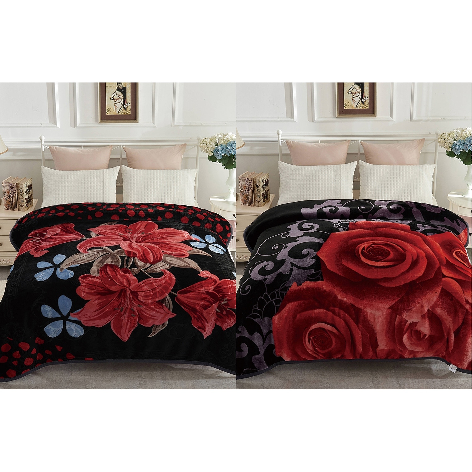2 Ply Reversible Blanket Korean Style Mink Blanket Black Flower