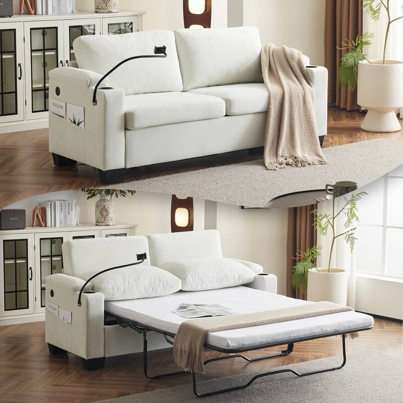 Pull-Out Queen Sofa Bed 73.63" with Memory Foam Mattress, Cup Holders, USB Ports, and Storage Pockets for Small Spaces