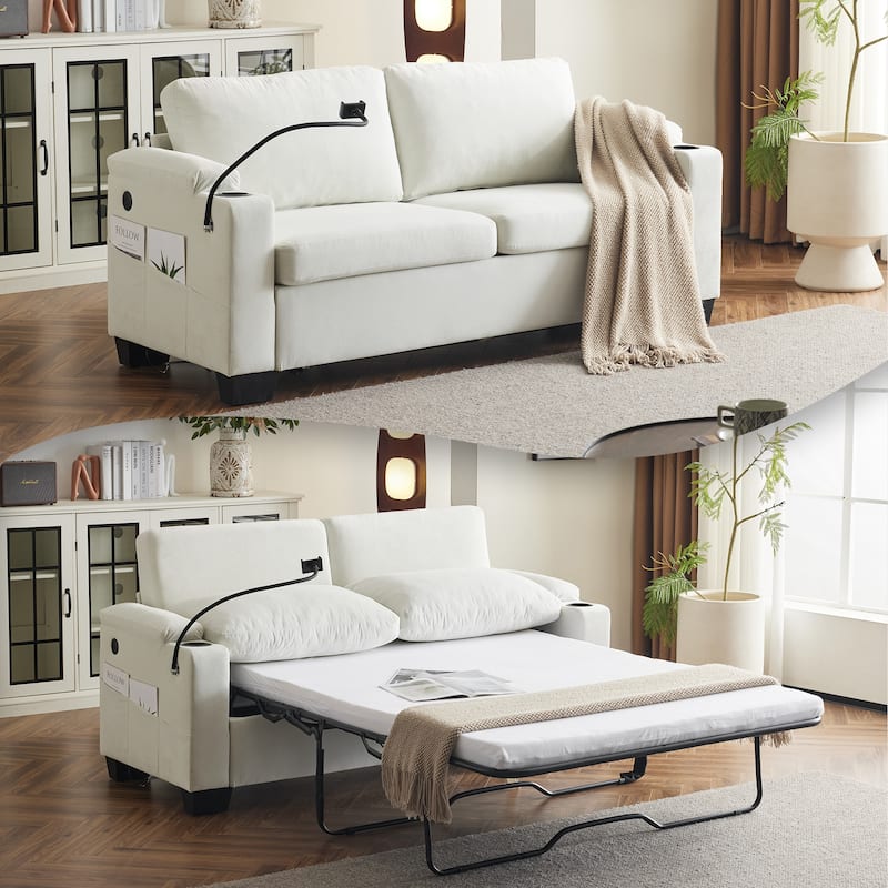 Pull-Out Sofa Bed with Memory Foam Mattress and Cup Holders for Living Room