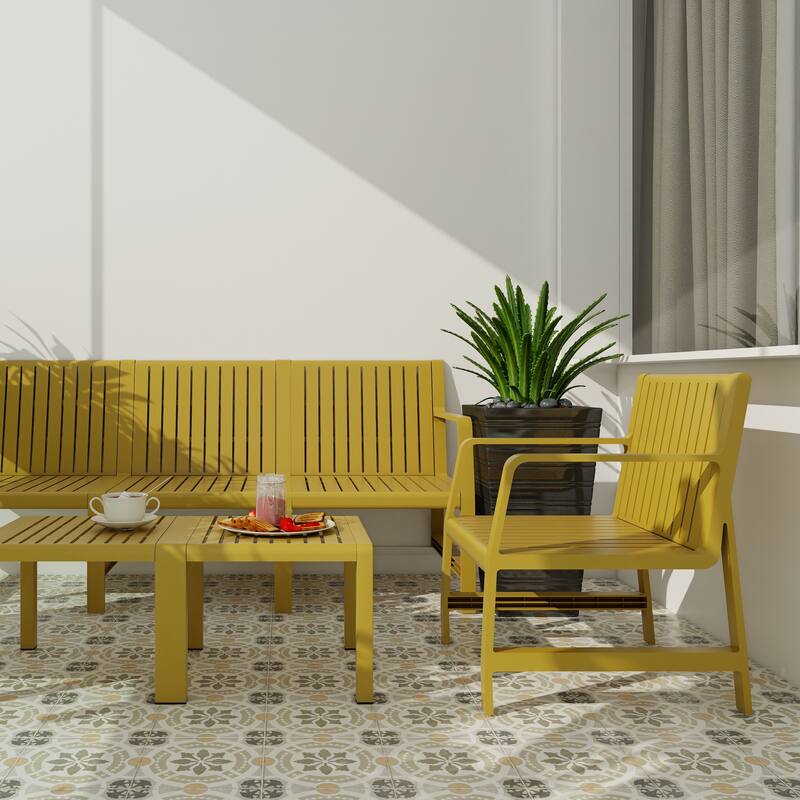 5-Piece Set - 3-Seater Sofa,2 Chairs & 2 Coffee Tables Waterproof PP Material- Easy Assembly Patio Conversation Set