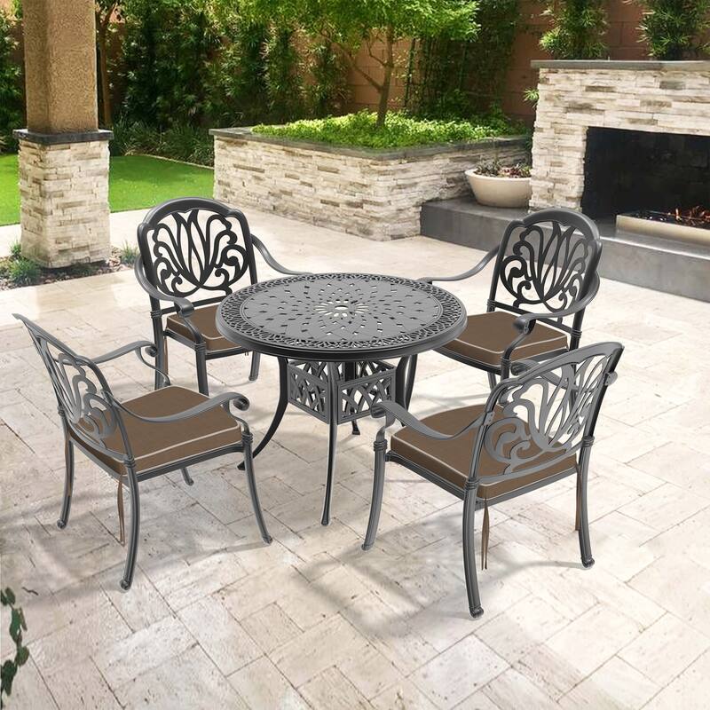 3/5-Piece Cast Aluminum Outdoor Dining Set with 35.43 in. Round Table and Random Color Cushions - Black(5-Piece Sets-A)