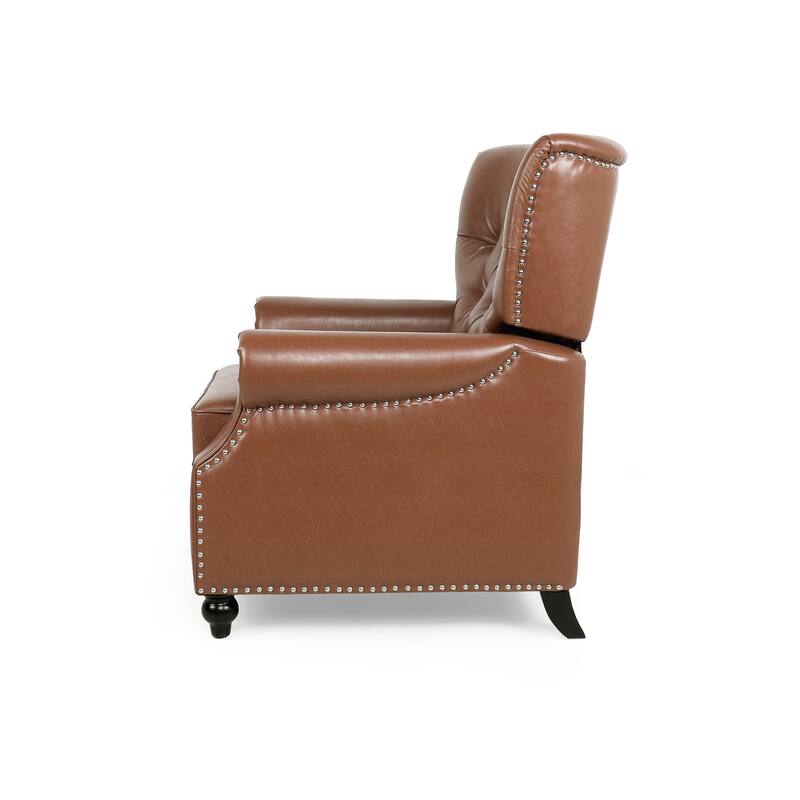 Light Brown Pu Leather Upholstered Push Back Recliner with Footrest, Button-tufted Backrest, Nailhead Accents