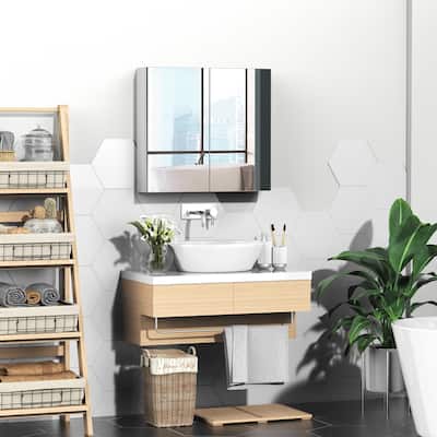 White Mirror Wall Mounted Cabinet with Glass Door and 3 Shelves for Bathroom Makeup and Storage Needs