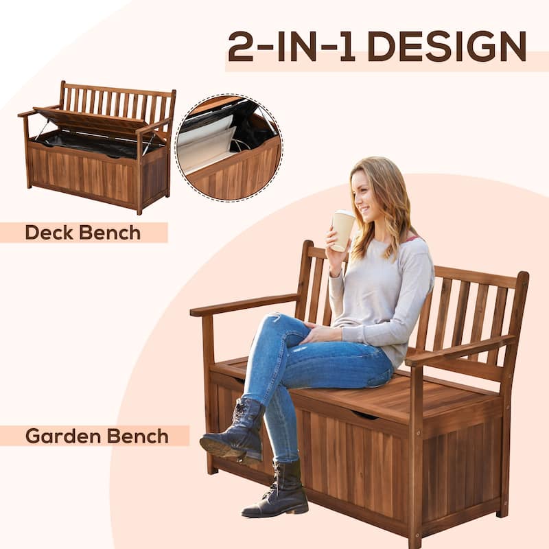 Acacia Wood PE Outdoor Storage Bench Garden Seat 485lbs Capacity - 47.25" L x 23.5" W x 34.25" H