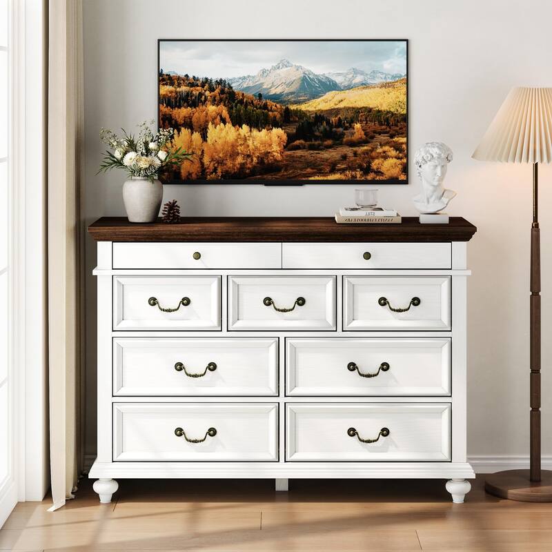 Farmhouse 9 Drawers Dresser for Bedroom, 47" Wide Wood Rustic Chest of 9 Drawers with Metal Handles, Vintage Design
