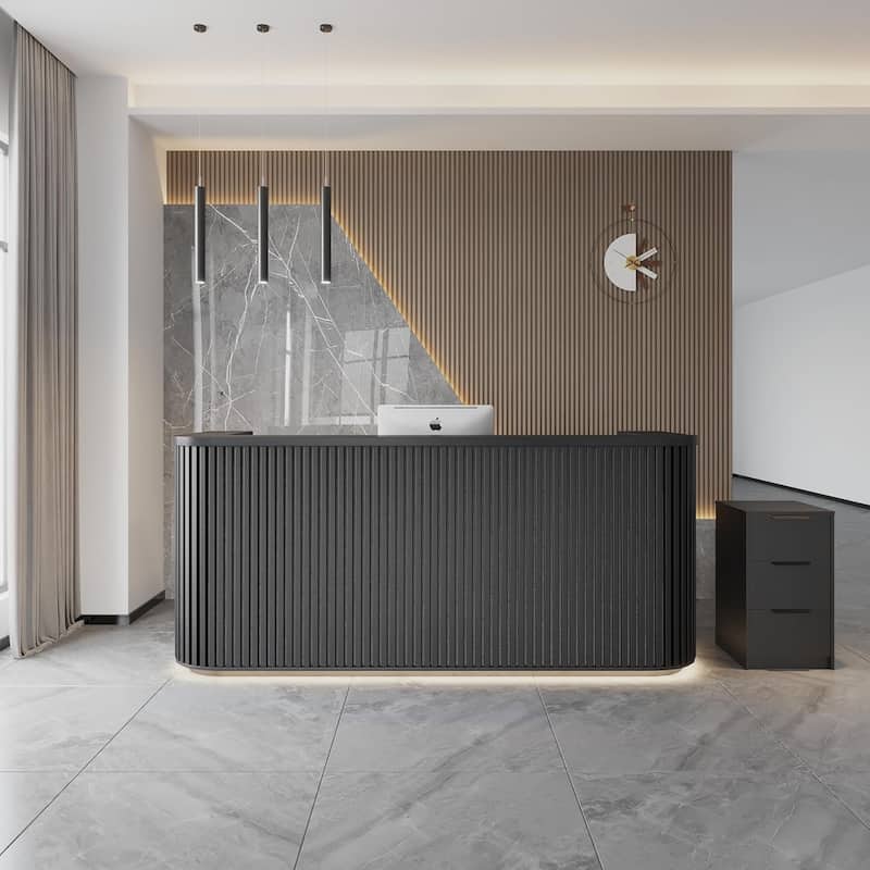 WESOME 70.87in Mid Century Curved Reception Desk with Cable Box LED Light