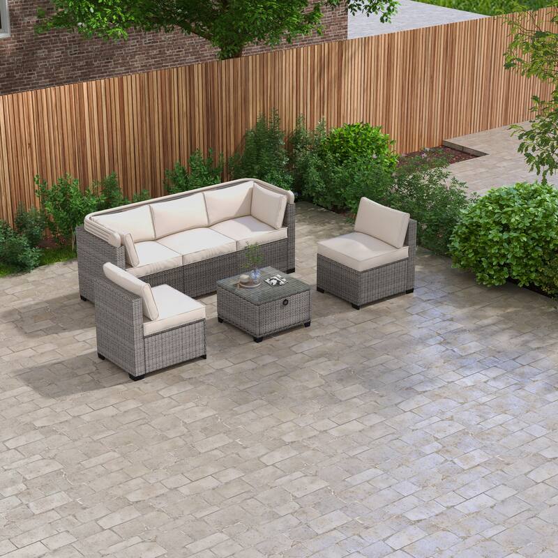 6 Piece Patio Sectional Sofa Set, PE Rattan Daybed with Retractable Canopy, Patio Lounge Set with Adjustable Backrests