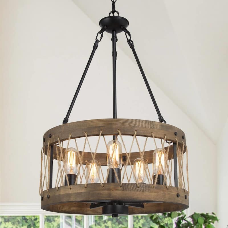 Modern Farmhouse 5-Light Wood Drum Black Metal Rustic Chandelier for Dining Room - Wood+Rope Cage