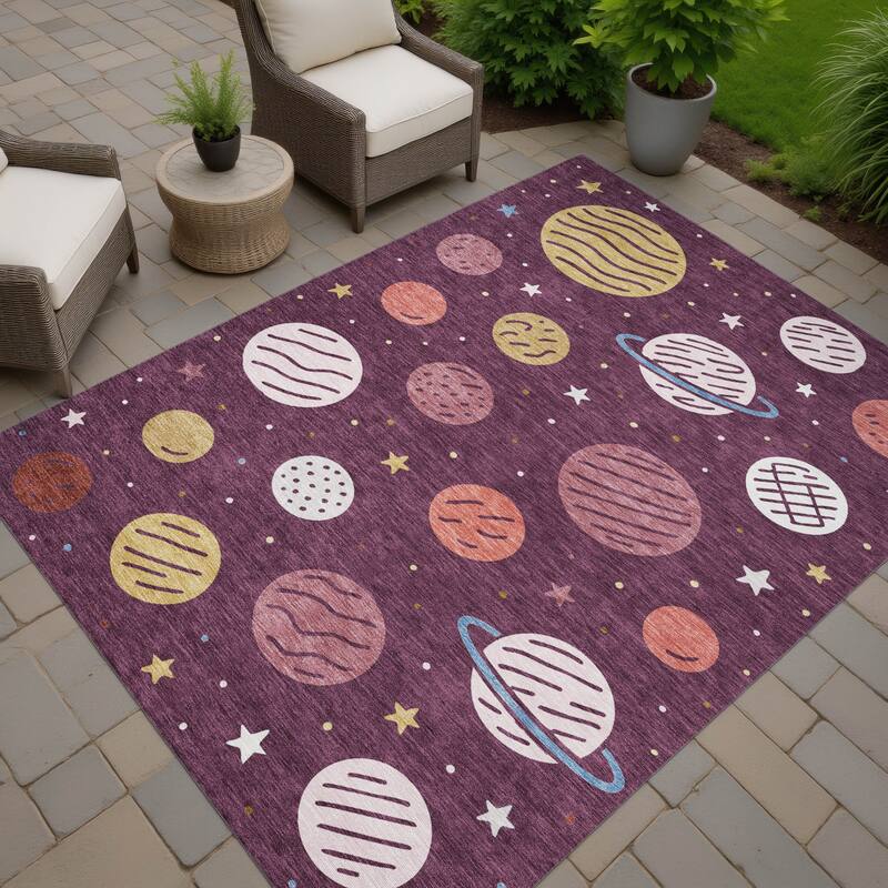 Machine Washable Indoor/ Outdoor Modern Planets Chantille Rug