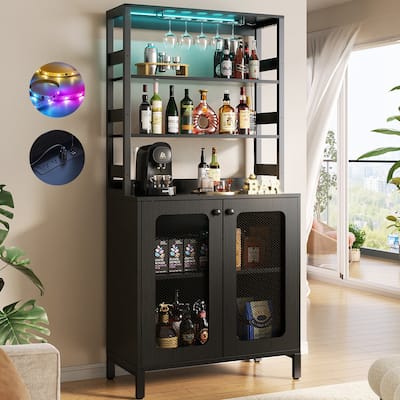 67" Tall Wine Bar Cabinet Liquor Cabinet with LED Lights ＆ Glass Holder ＆ Power Outlets,5-Tiers Corner Utensils Display Cabinet