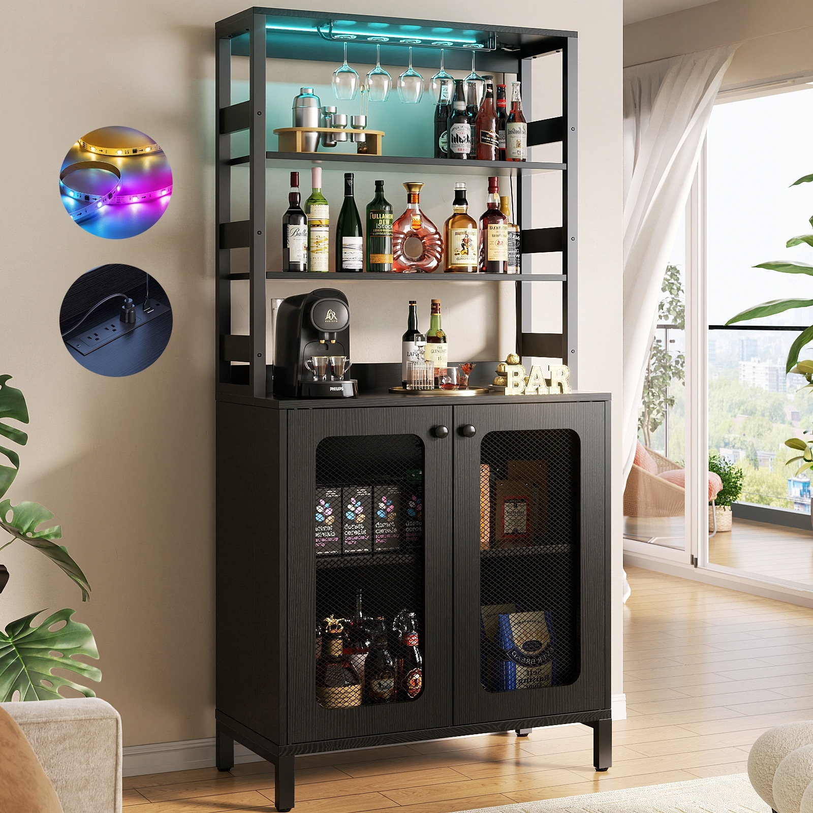66.9'' Tall Modern Wine Cabinet Bar Cabinet with Wine Glasses Rack and LED Strip and Power Outlets