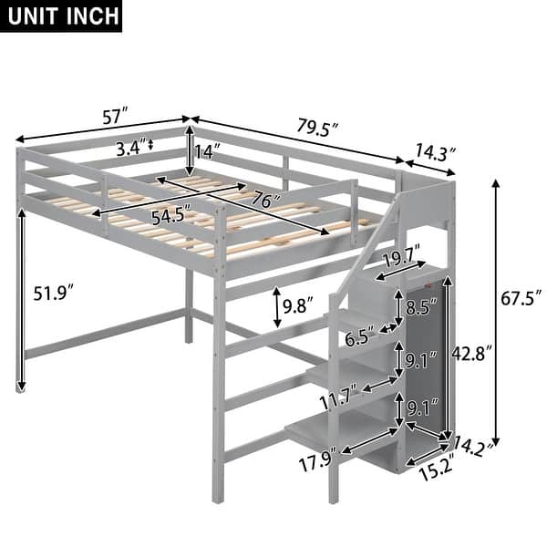 dimension image slide 0 of 2, Full Size Loft Bed with Built-in Storage Wardrobe and Staircase