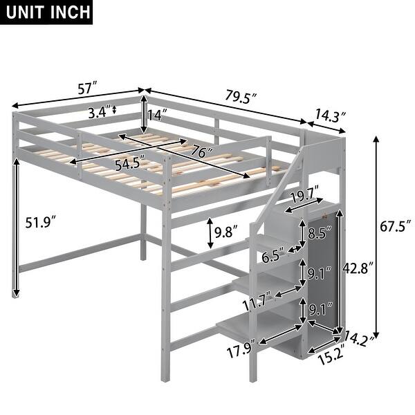 Gray Full Size Solid Pine Loft Bed with Storage Wardrobe and Staircase, Full-Length Guardrail
