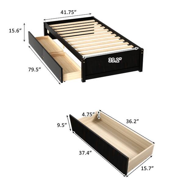 dimension image slide 2 of 3, Twin Platform Bed with 2 Drawers, Solid Wood Storage Platform Sofa Bed Frame for Living Room & Bedroom, No Box Spring Needed