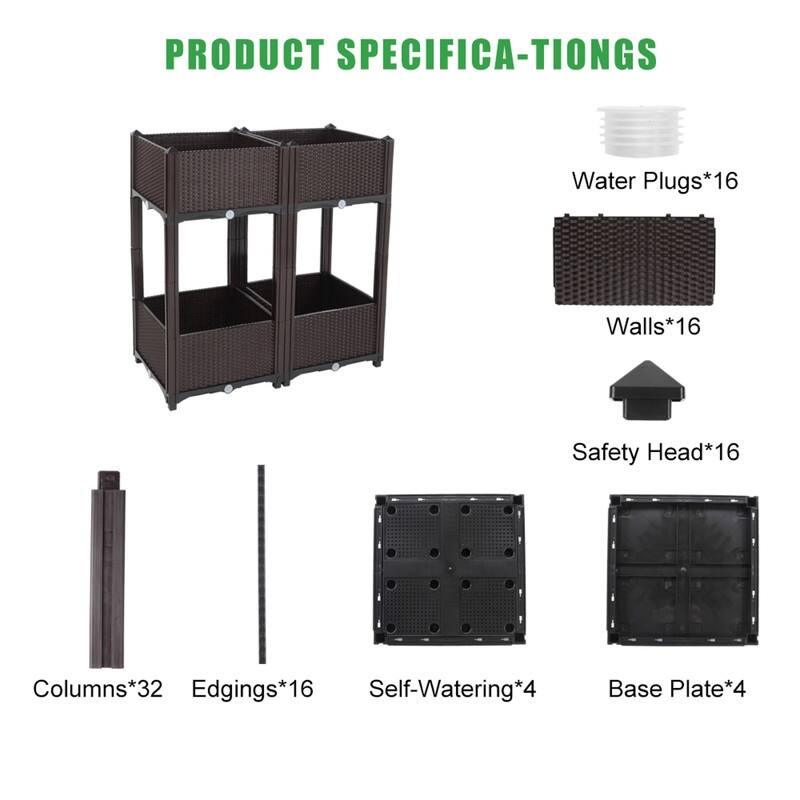 Set of 4 Brown Indoor & Outdoor Plastic Raised Garden Planters Box