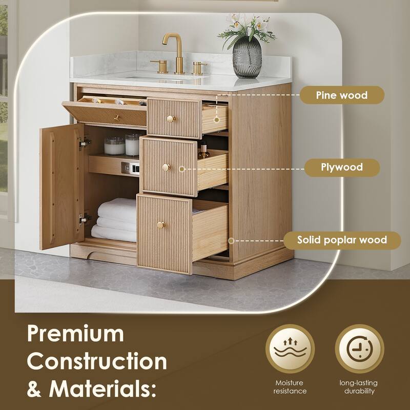 Barnett Bathroom Vanity in Natural Oak with Grain White Engineered Stone Countertop No Mirror