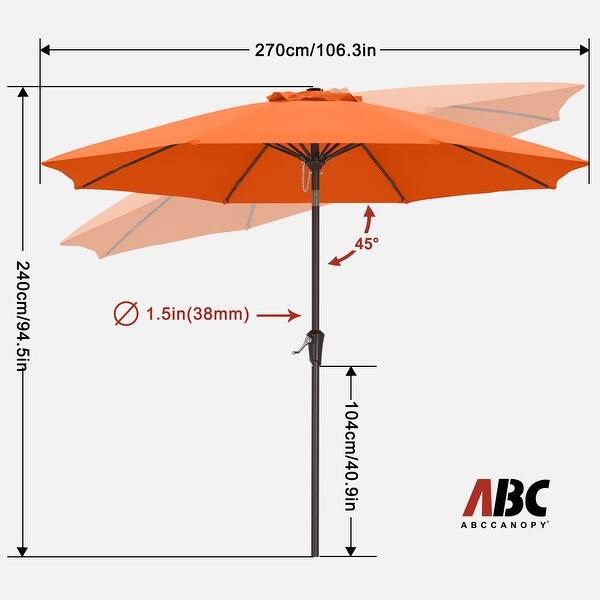 dimension image slide 4 of 7, ABCCANOPY 9FT Patio Umbrella with Push Button Tilt