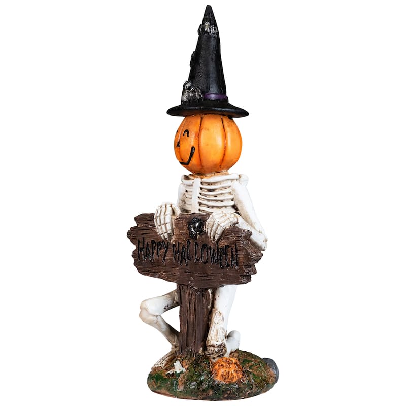 Jack-O-Lantern Skeleton in Witch's Hat and Happy Halloween Sign - 9.5"