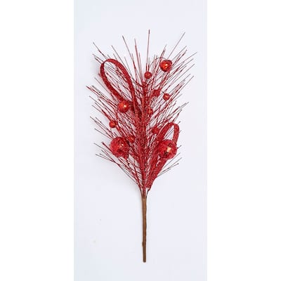 14" Glitter Pine & Ball Pick, Red, Set of 3