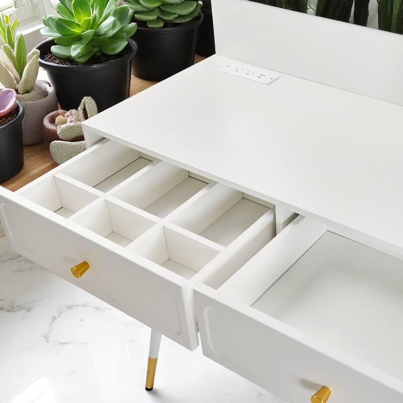 Makeup Vanity with Mirror, LED Light Modes, Built-in Charging Ports, Drawers & Cabinet, Compact Adjustable Desk