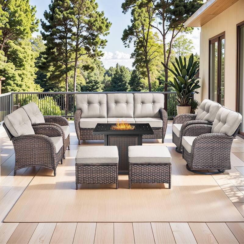 Pocassy Outdoor 30 In Fire Table with Sofa Patio Swivel Chair Set - Brown Wicker Beige Cushion - 8-Piece Patio Sofa Chair Ottoman with Fire Table