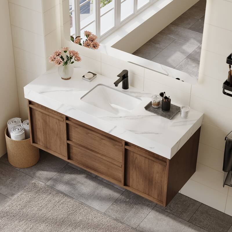 48"Mid Century Modern Wall-Mounted Bathroom Vanities,Single Sink,Brown Wood Texture with Sintered Stone Table top - White/Brown - Wood Finish