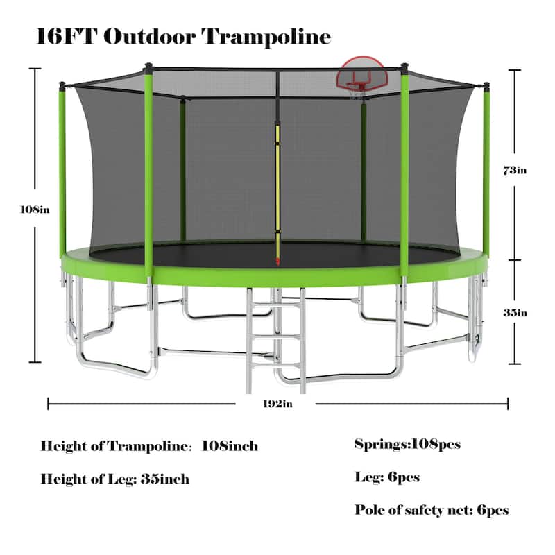16FT Trampoline with Balance Bar & Basketball Hoop&Ball, ASTM Approved Reinforced Type Outdoor Trampoline