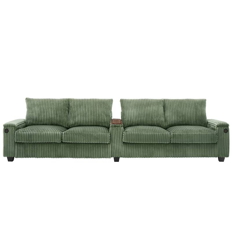 4 Seater Corduroy Sofa Couch with USB Ports and Storage Arms, 133" Modern Sofa with Side Pockets and Flip-Top Cup Holders