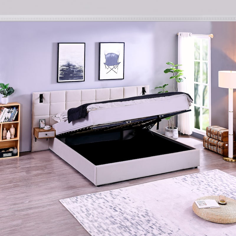 King Size Storage Velvet Upholstered Hydraulic Platform Bed with 2 Shelves, 2 Reading Lamps and USB Port
